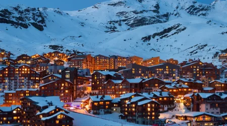 A ski resort lit up at night